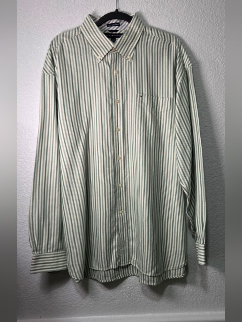 Tommy Hilfiger Vintage Green & White Vertical Striped Button Down Shirt Size XL